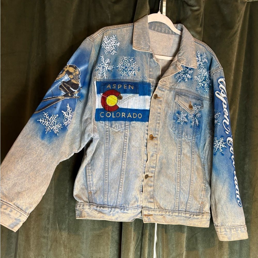 Vintage Tony Alamo Aspen Colorado Airbrushed Denim Jacket Ski Snowflake Western - Picture 2 of 10